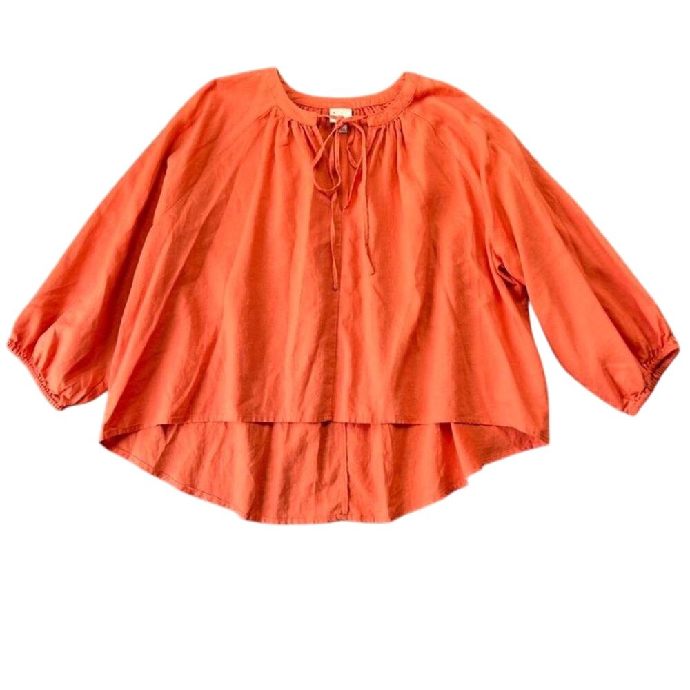 A New Day Popover Blouse Womens Small Long Sleeve Apricot Juice Linen Tie Neck
